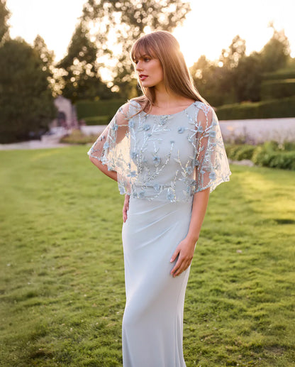 Mesh Sequin & Floral Details Cape Maxi Length Dress. Style FL268175