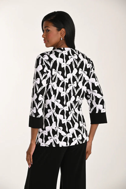 3/4 Sleeve Black & White Bow Print Jacket. Style FL268207