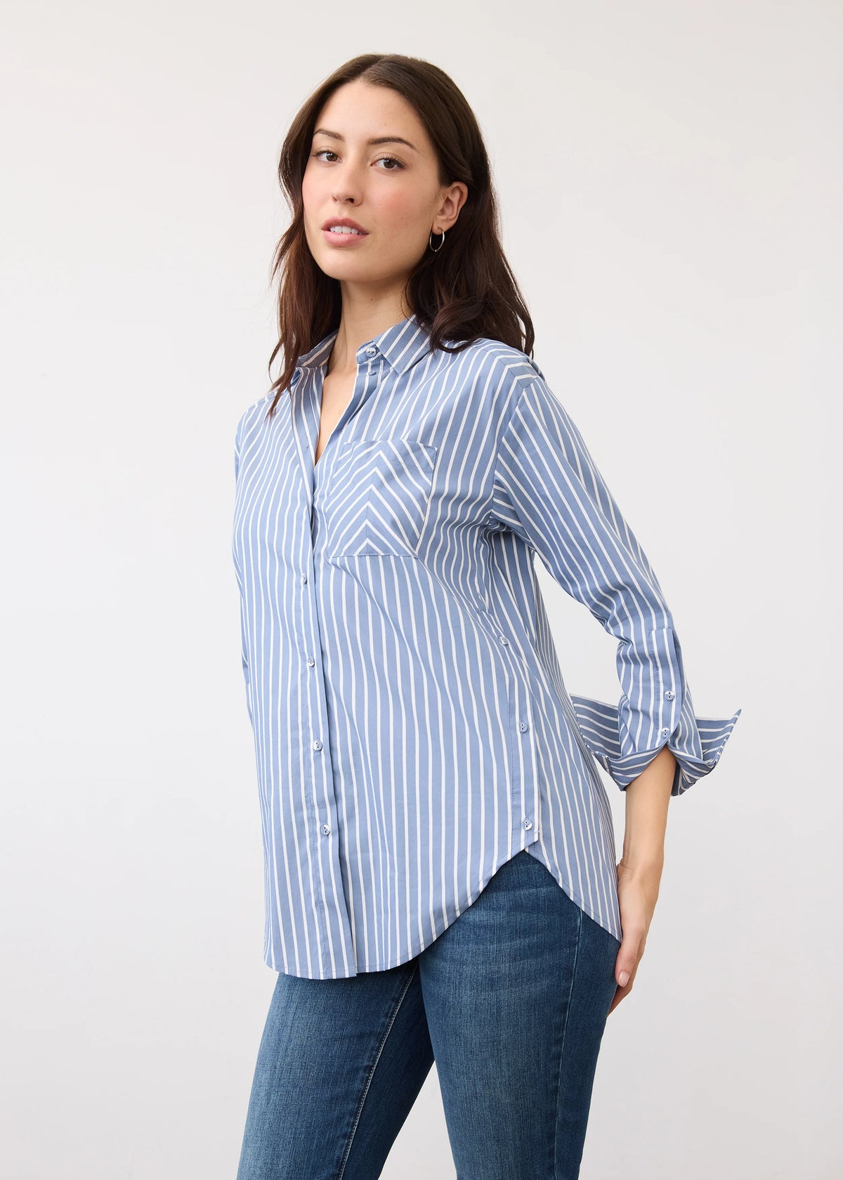 Long Sleeve Striped Button Front Blouse. Style FD7481623