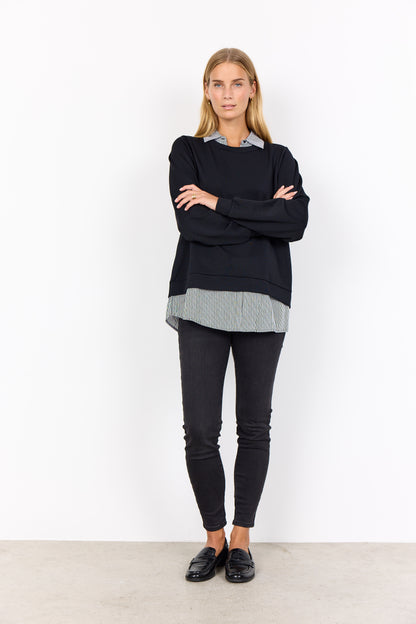 Striped & Black Long Sleeve Collar Layered Top. Style SOYA4F27274