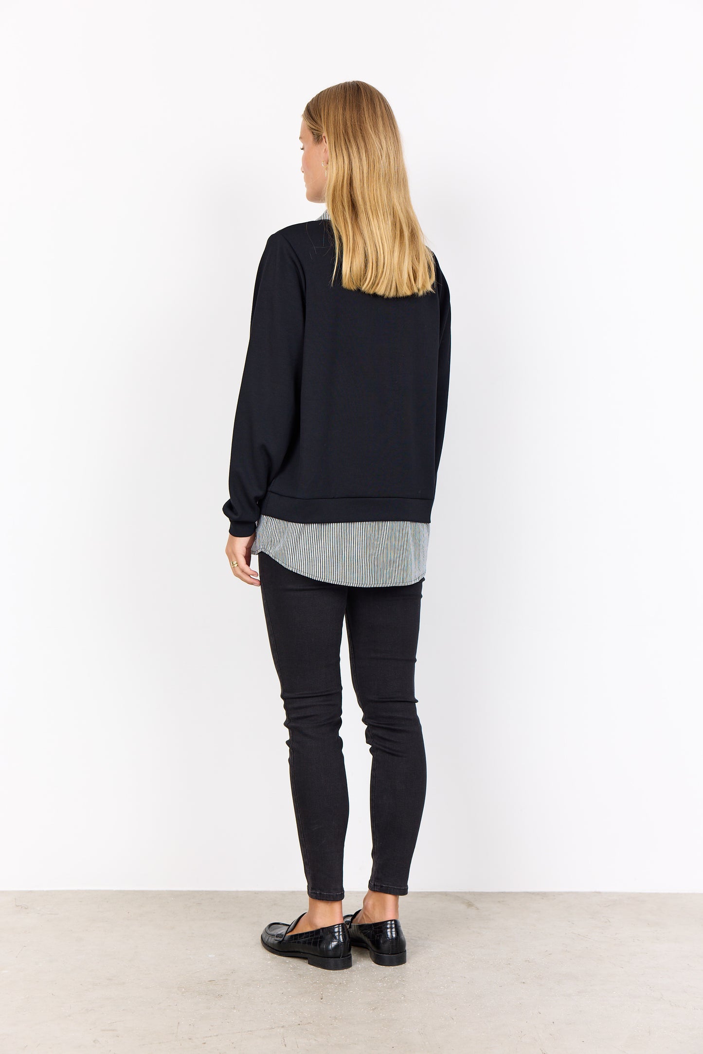 Striped & Black Long Sleeve Collar Layered Top. Style SOYA4F27274