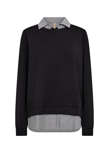 Striped & Black Long Sleeve Collar Layered Top. Style SOYA4F27274