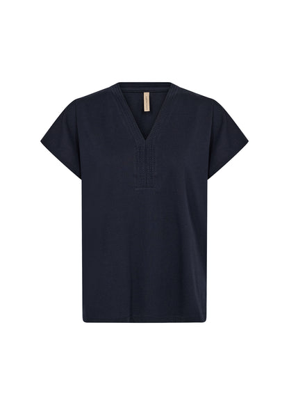 Stitching Detail V-Neckline Short Sleeve Cotton Top. Style SOYA27476