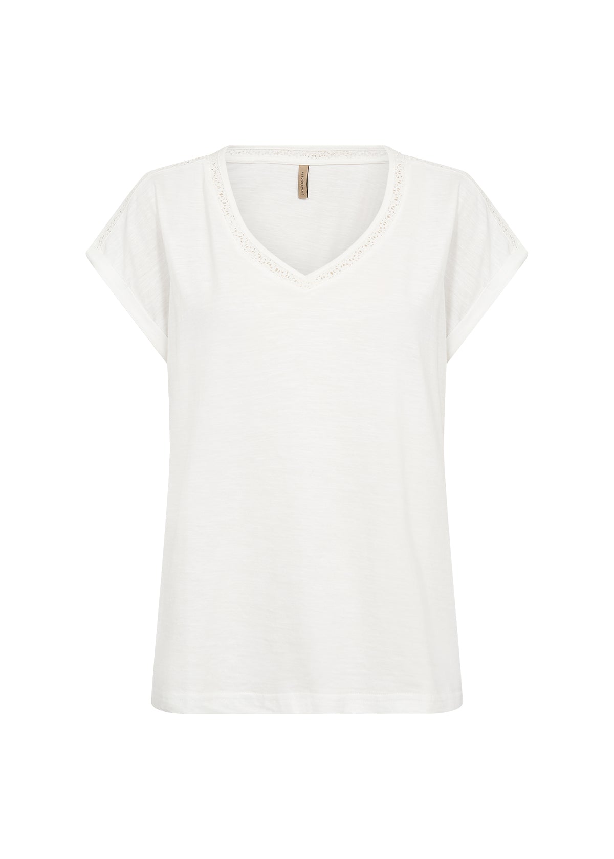 Crochet Trim V-Neckline Short Rolled Cuff Sleeves Top. Style SOYA27506