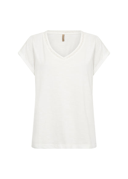 Crochet Trim V-Neckline Short Rolled Cuff Sleeves Top. Style SOYA27506