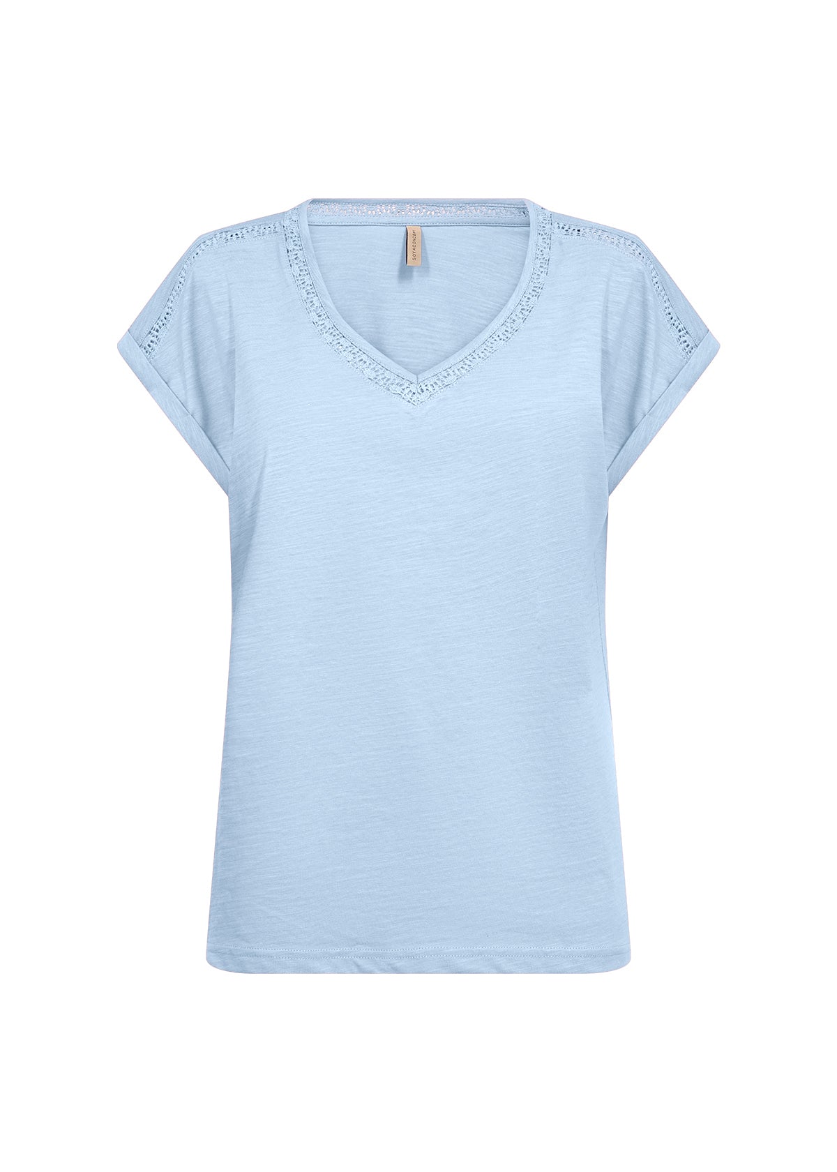 Crochet Trim V-Neckline Short Rolled Cuff Sleeves Top. Style SOYA27506