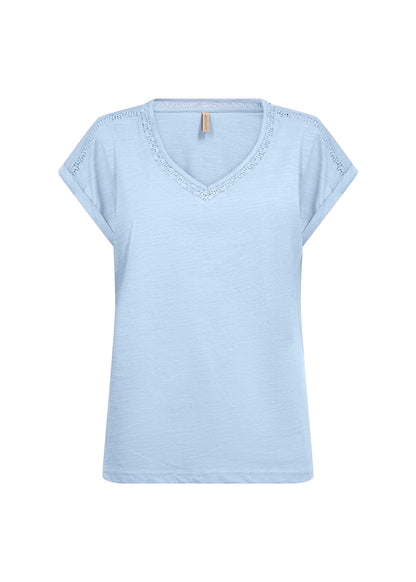 Crochet Trim V-Neckline Short Rolled Cuff Sleeves Top. Style SOYA27506