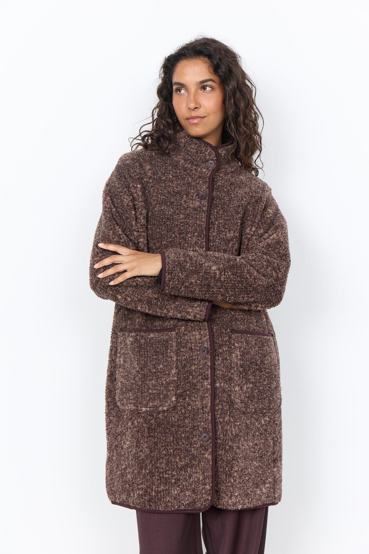Boucle Mock Neck Button Front Jacket. Style SOYA27880