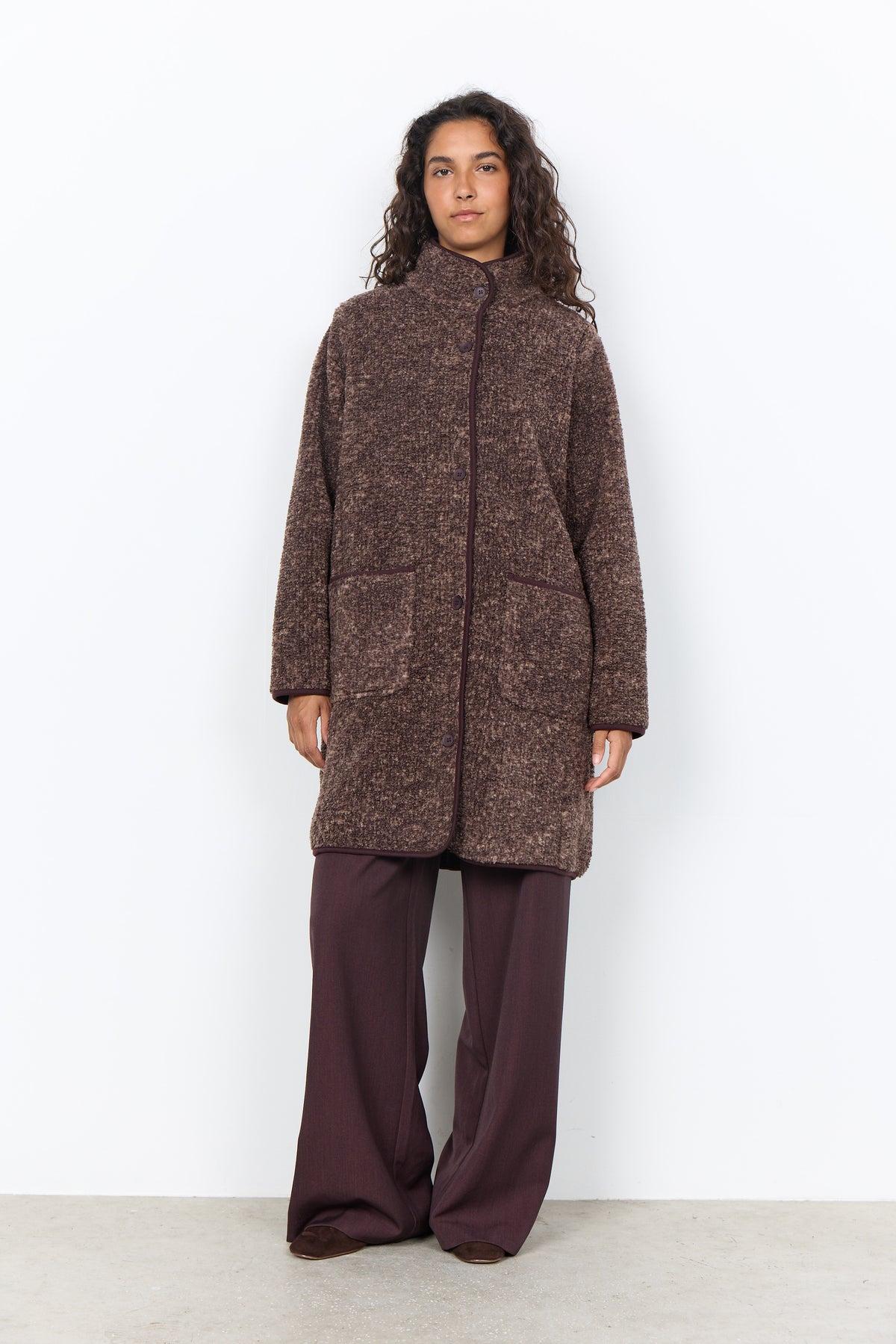 Boucle Mock Neck Button Front Jacket. Style SOYA27880