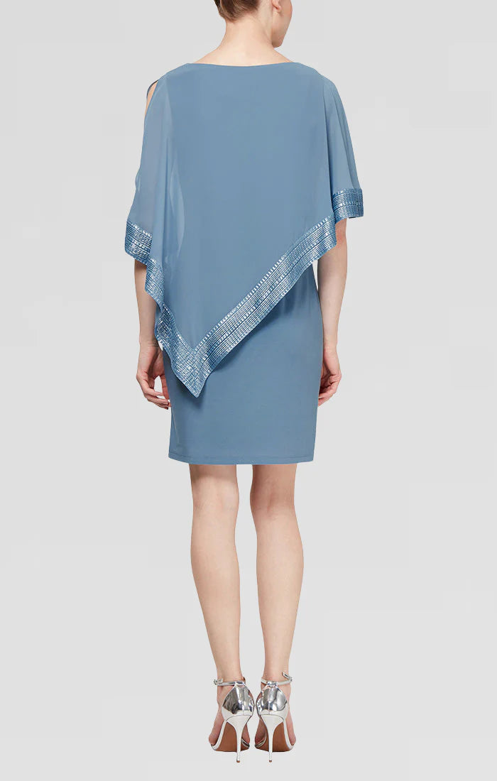 Foil Trim Asymmetrical Chiffon & Jersey Popover Cape Dress. Style SL111176