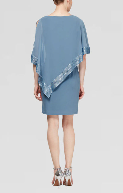 Foil Trim Asymmetrical Chiffon & Jersey Popover Cape Dress. Style SL111176