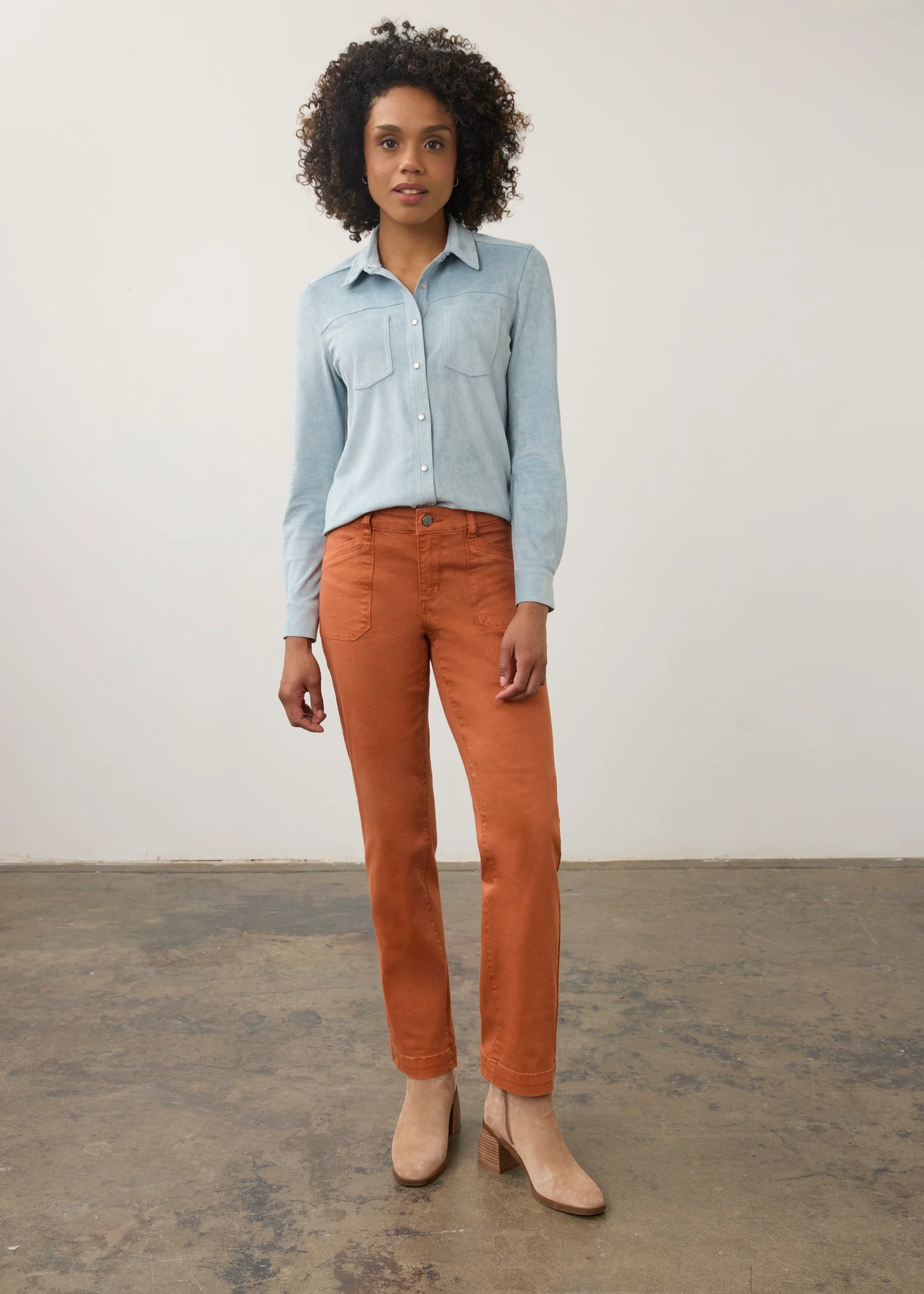 Long Sleeve Button Front Suede Top. Style FD7476196