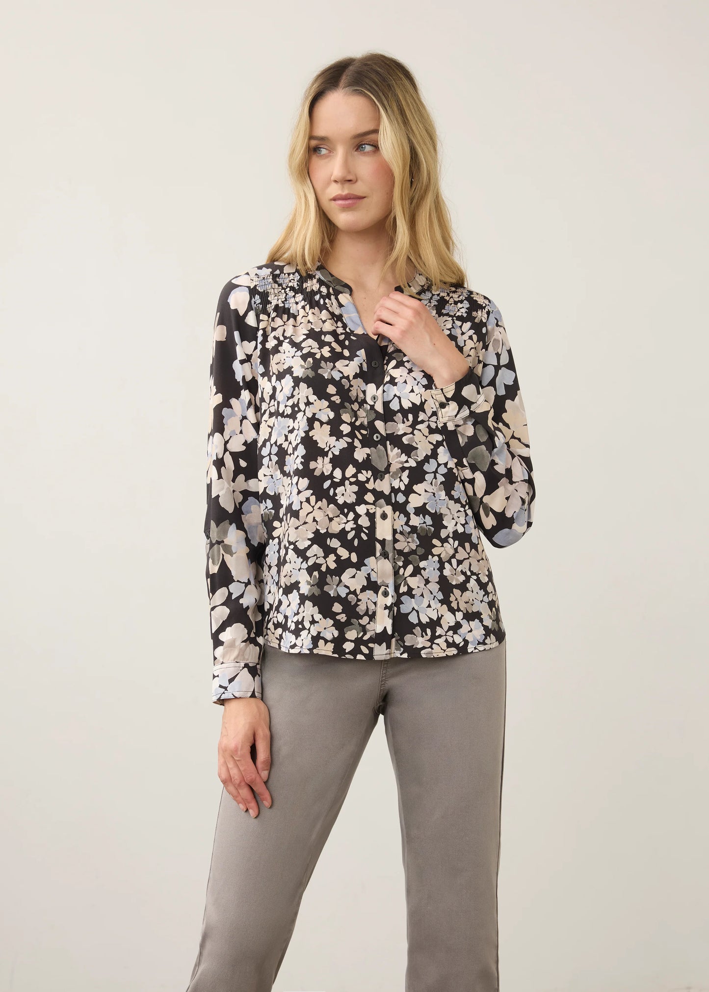 Button Front Collared Smocking Detail Floral Print Top. Style FD7796397