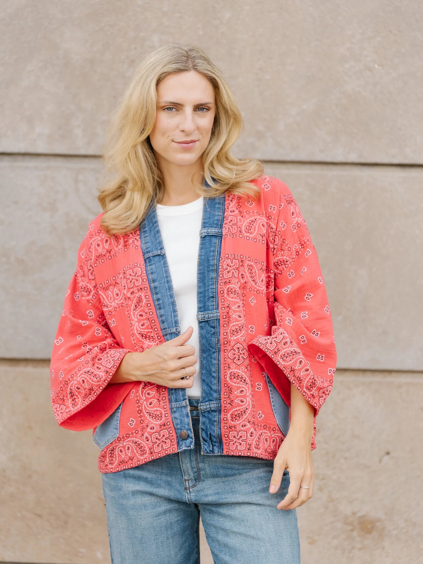 Bandana Print Denim Trim Cardigan. Style SHNP5755