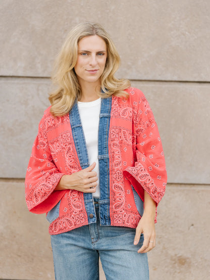 Bandana Print Denim Trim Cardigan. Style SHNP5755