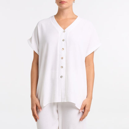 V-Neck Faux Button Front Short Sleeve Top. Style MIGN1736A