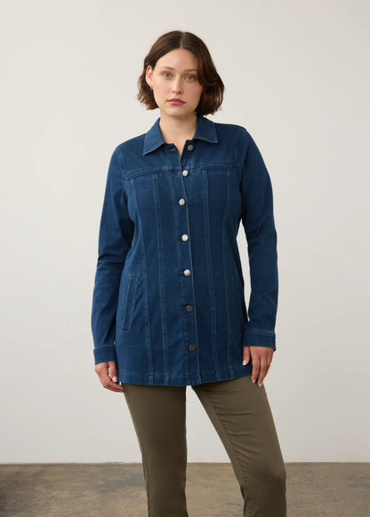 Long Button Front Structured Seams Denim Jacket. Style FD1825131