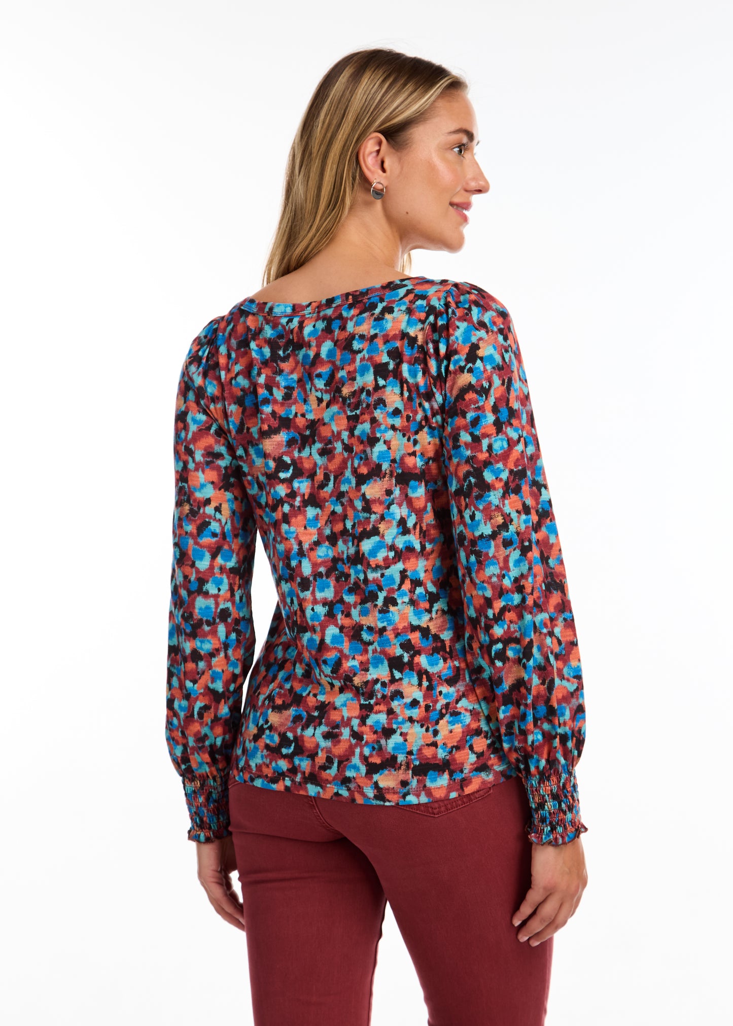 Smocked Cuff Printed Top. Style FD3020476