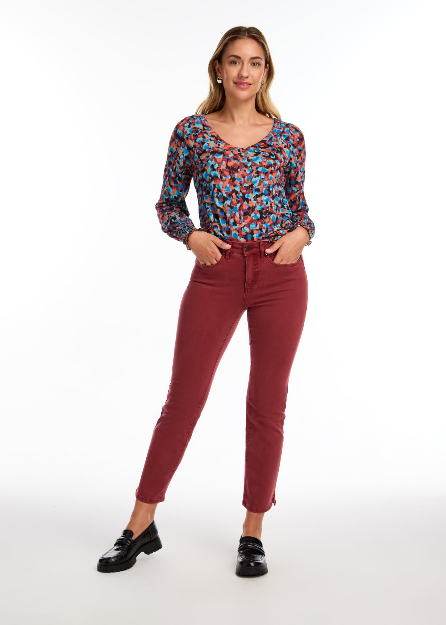 Smocked Cuff Printed Top. Style FD3020476