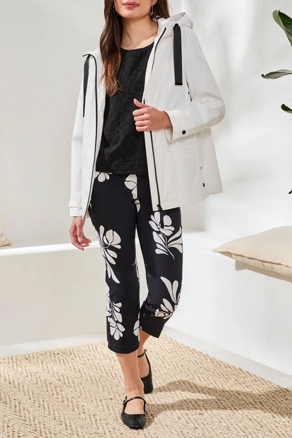 Zip Front Black & White Contrast Detail Rain Jacket. Style TR3051O-8304
