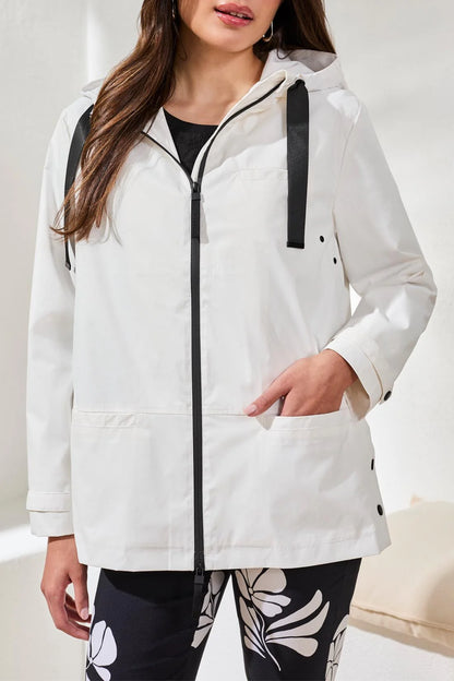 Zip Front Black & White Contrast Detail Rain Jacket. Style TR3051O-8304