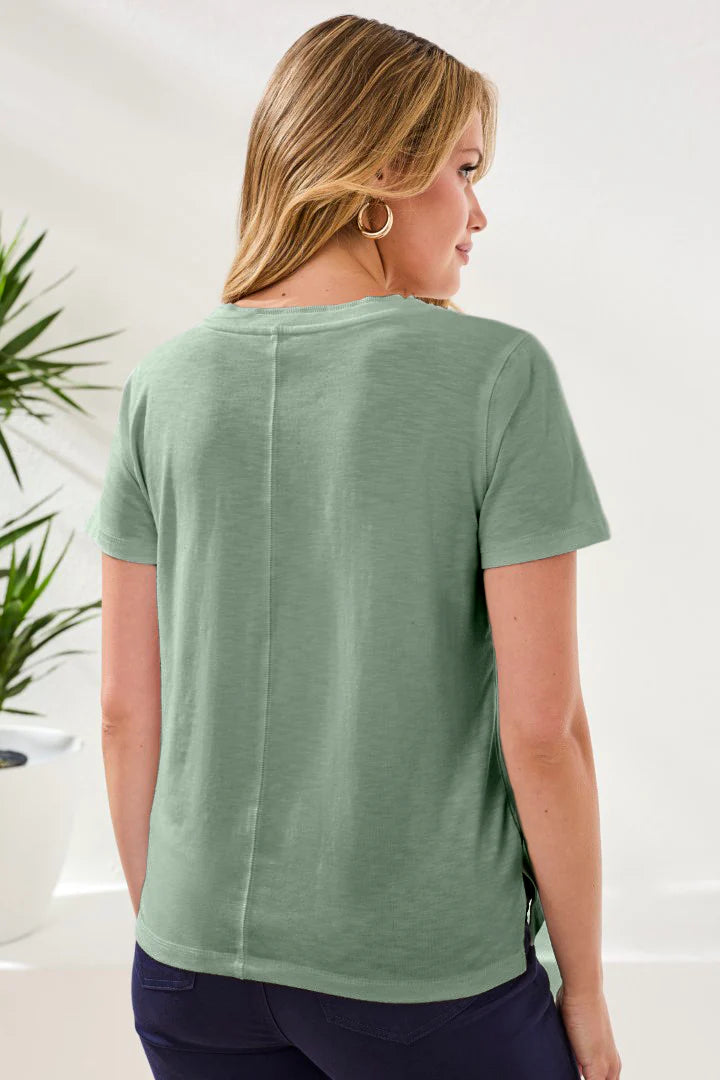 Slub Knit V-Neck Double Trim Center Seam Detail Top. Style TR3052O-8285