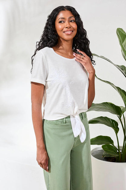 Slub Knit Tie-Front Short Sleeve Crew Neck Top. Style TR3081O-8460