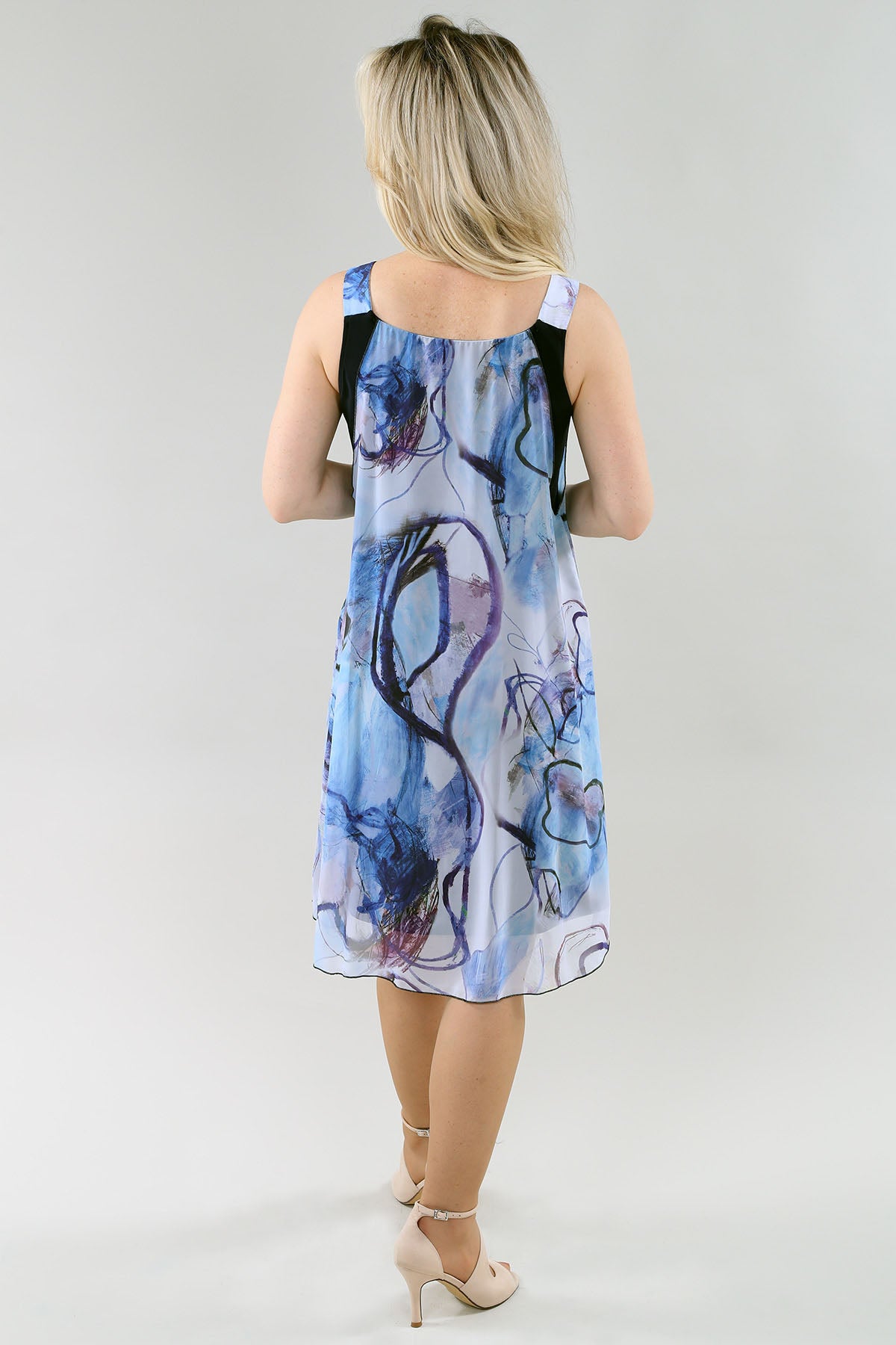 Round Sleeveless Sheer Abstract Print Layer Dress. Style MT26S310