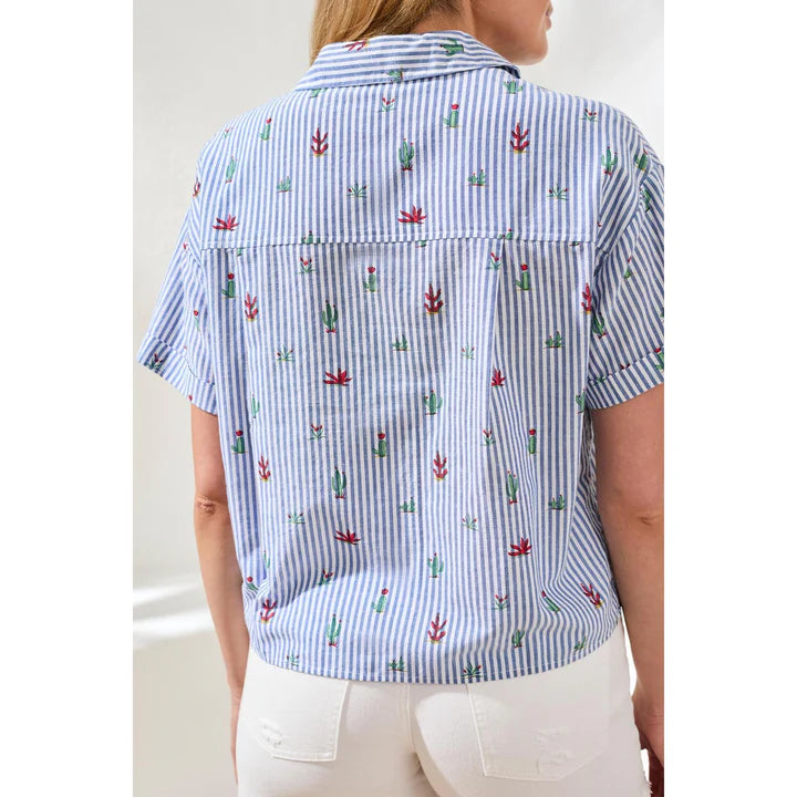 Short Sleeve Button Front Stripes & Cactus Print Top. Style TR3101O-8385