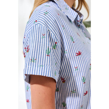 Short Sleeve Button Front Stripes & Cactus Print Top. Style TR3101O-8385