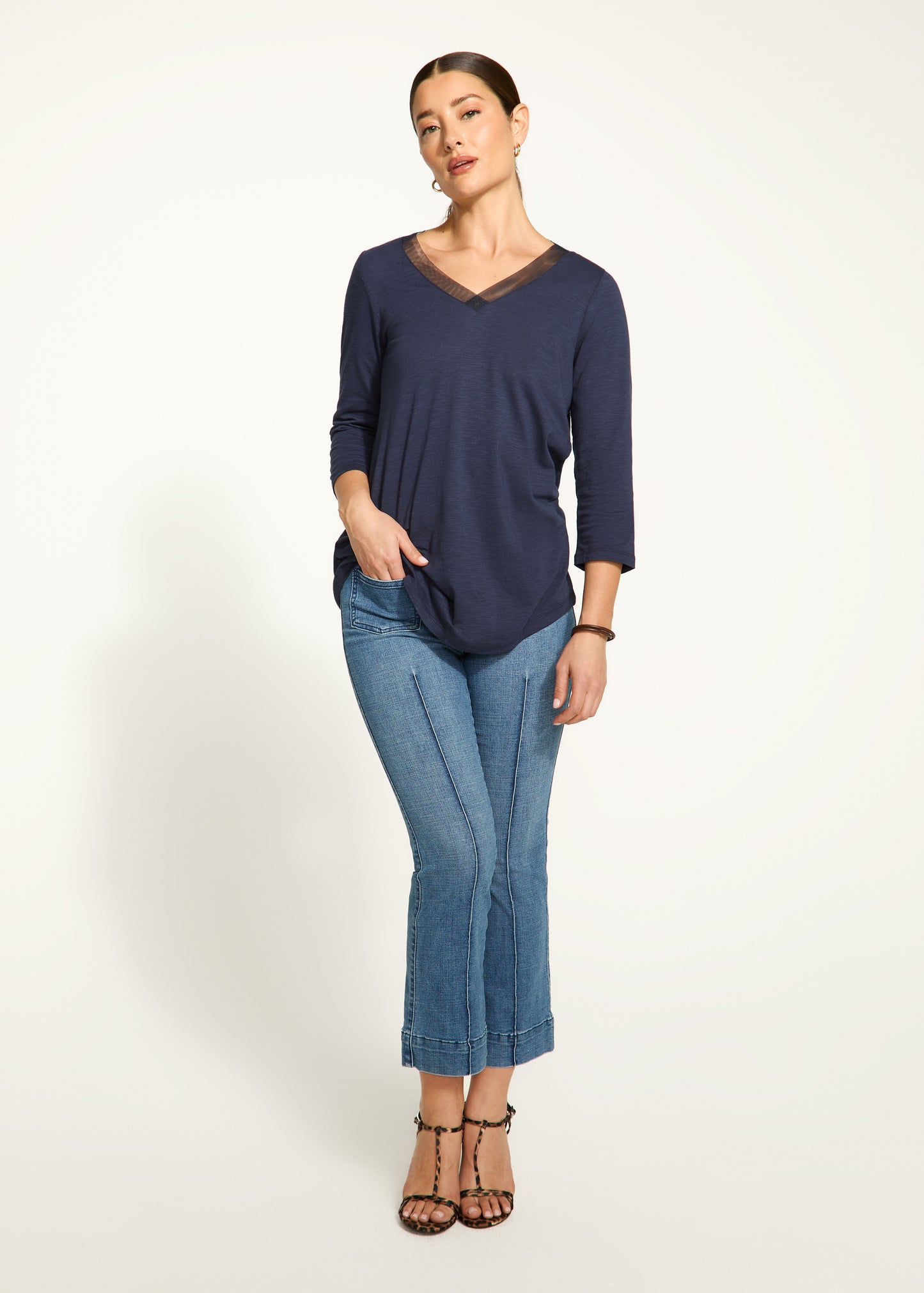 Mesh Trim V-Neck Top. Style FD3148476