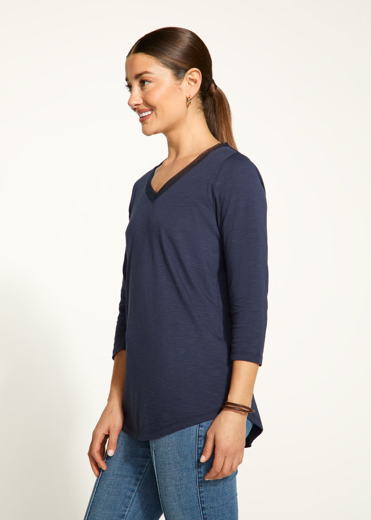 Mesh Trim V-Neck Top. Style FD3148476