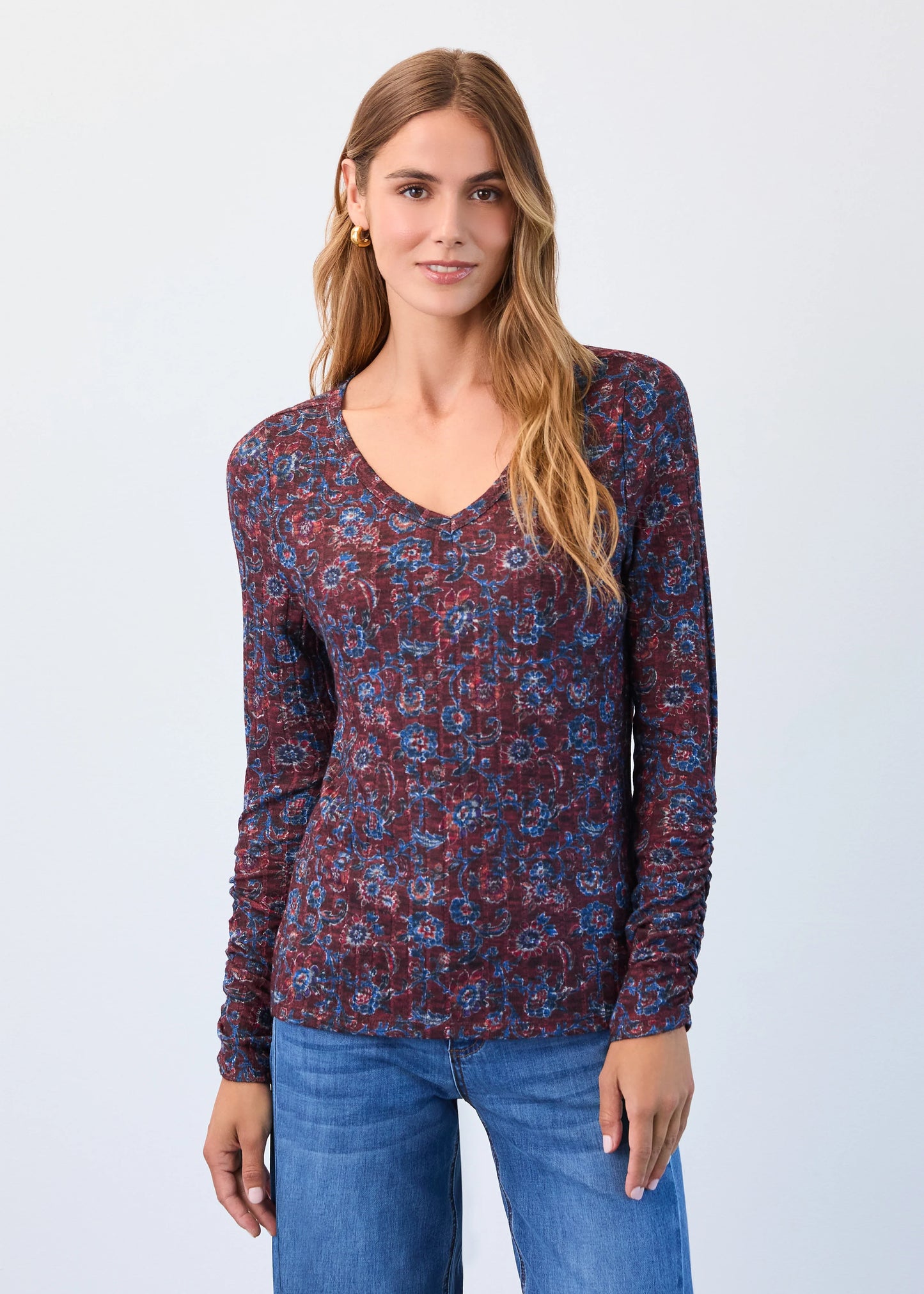Ribbed Scrunch Sleeve V-Neck Top. Style FD3184508