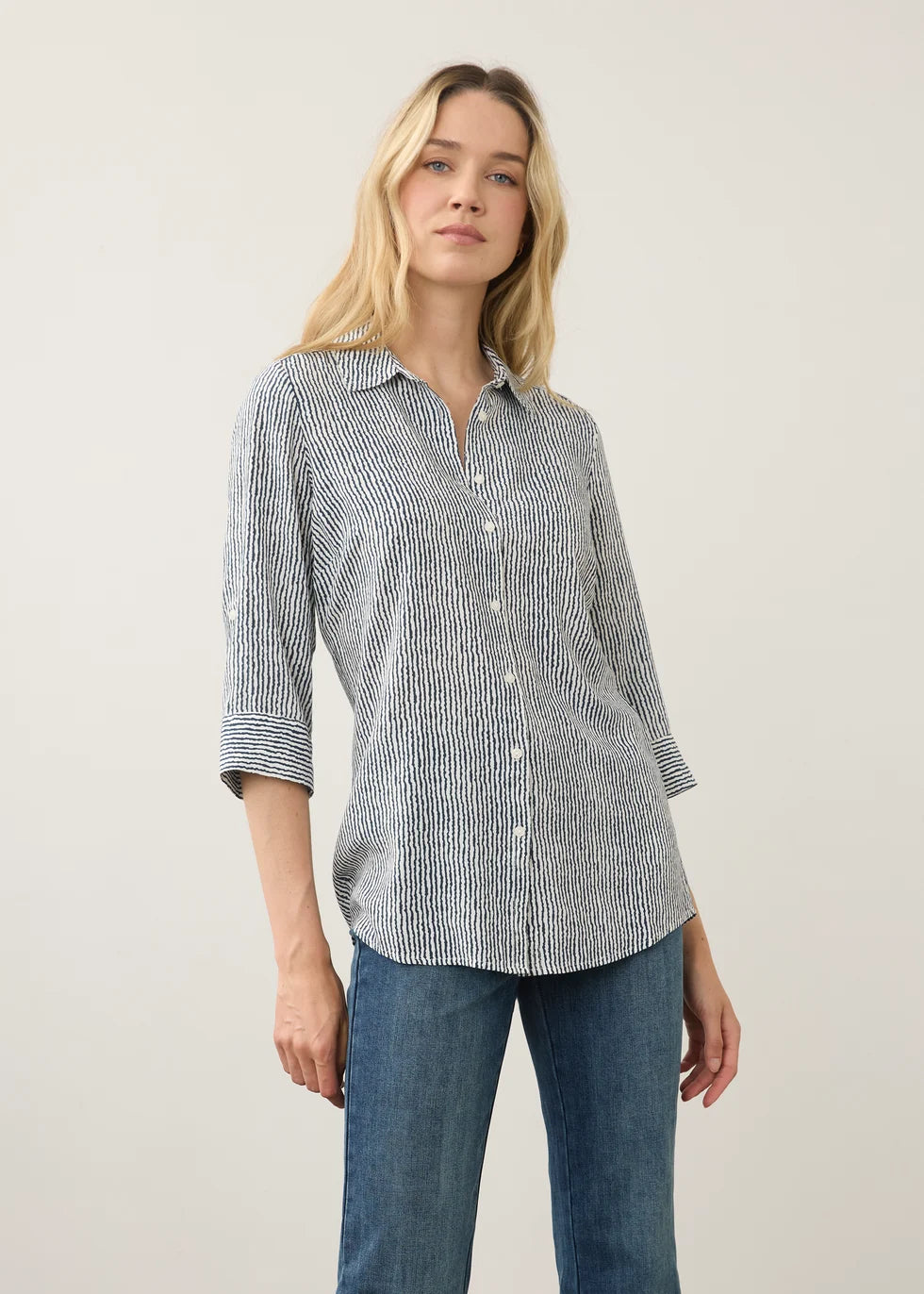 Long Sleeve Stripe Button Front Tunic. Style FD7386397