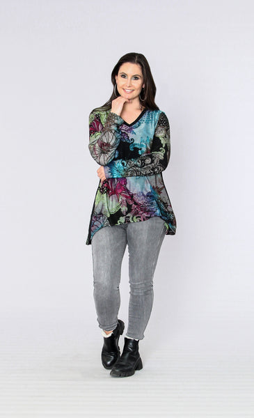 V-Neck Burnout Printed Top. Style CAT323105