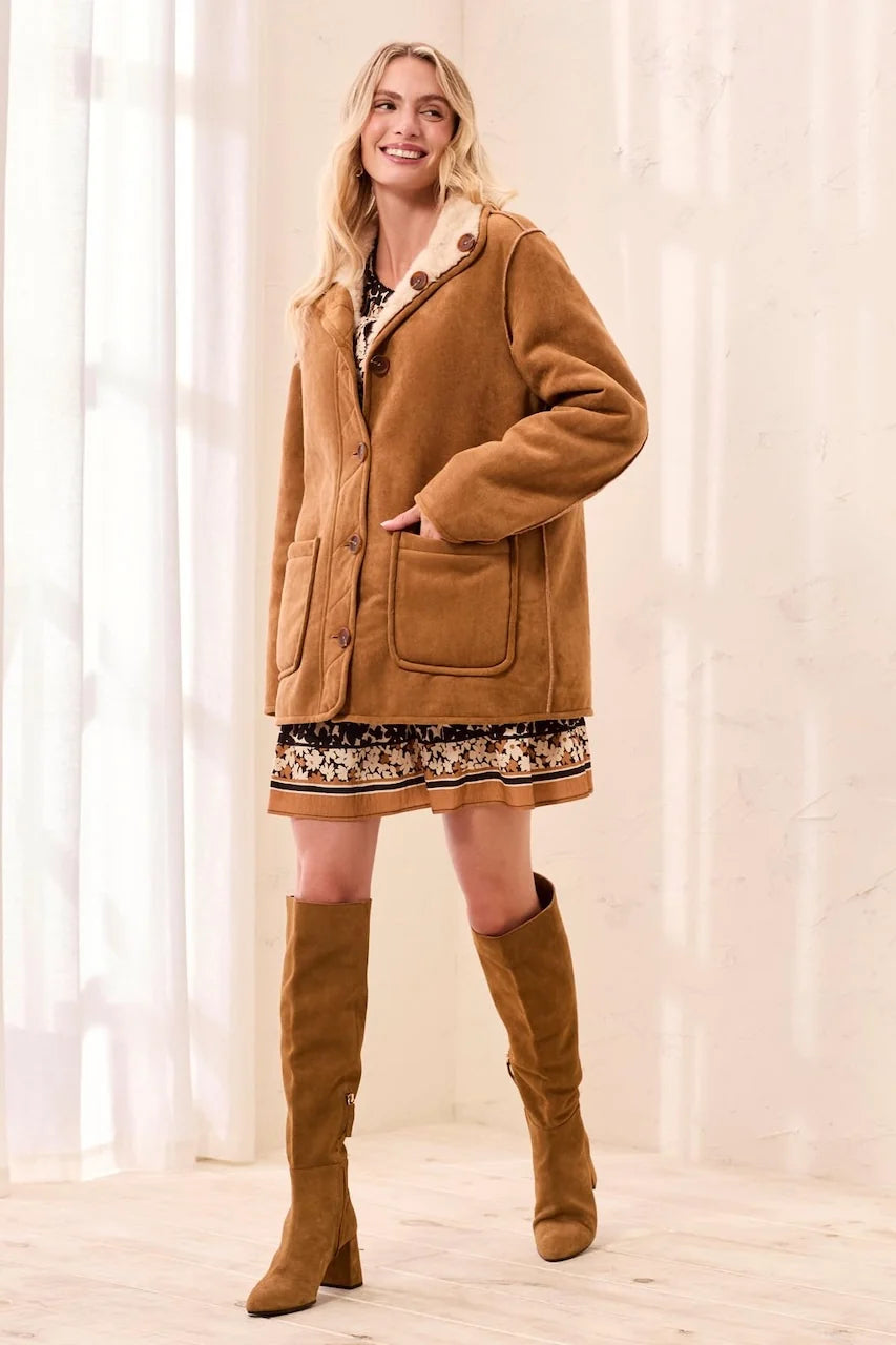 Reversible Faux Fur & Suede Button Front Coat. Style TR3239O-8545