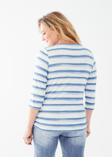 Boat Neck Striped 3/4 Sleeve Top. Style FD3255756
