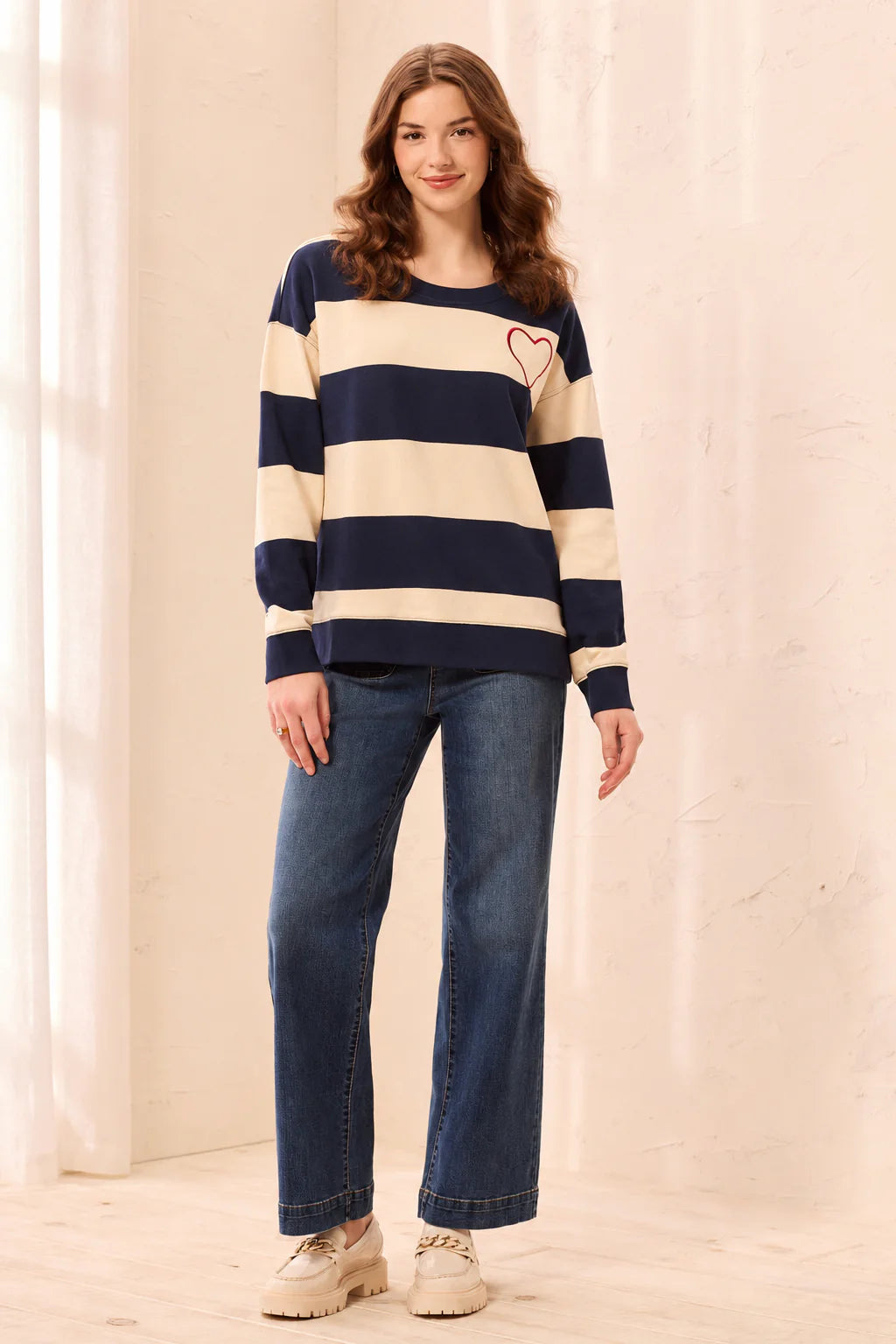 Embroidered Heart Drop Shoulder Cotton Pullover. Style TR3275O-8509