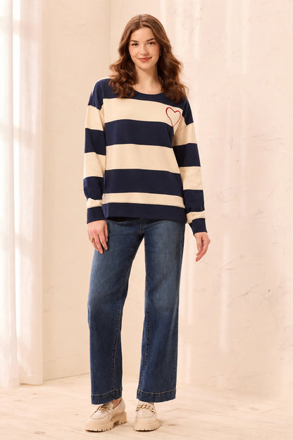 Embroidered Heart Drop Shoulder Cotton Pullover. Style TR3275O-8509