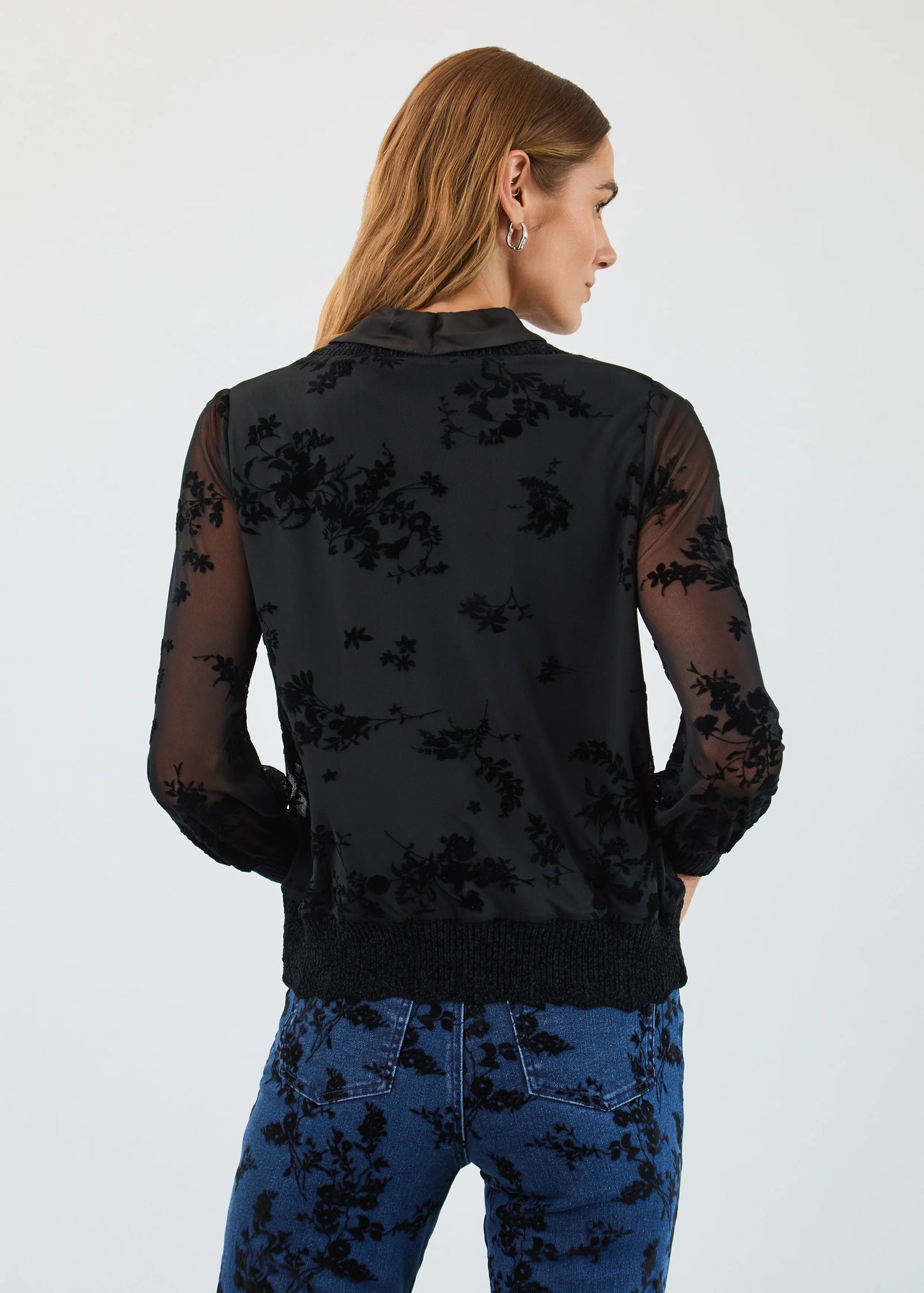 Black Mesh Velvet Flower Print Tie Neck Top. Style FD3345226