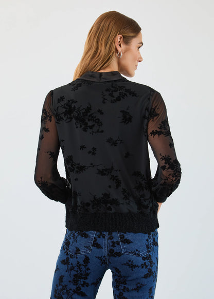 Black Mesh Velvet Flower Print Tie Neck Top. Style FD3345226