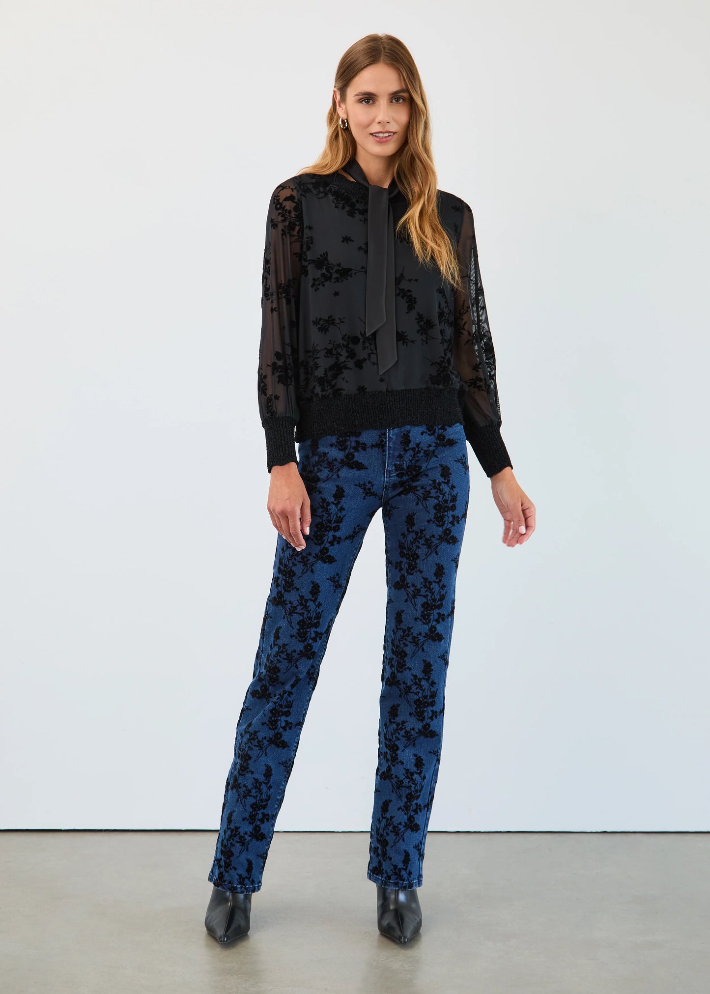 Black Mesh Velvet Flower Print Tie Neck Top. Style FD3345226