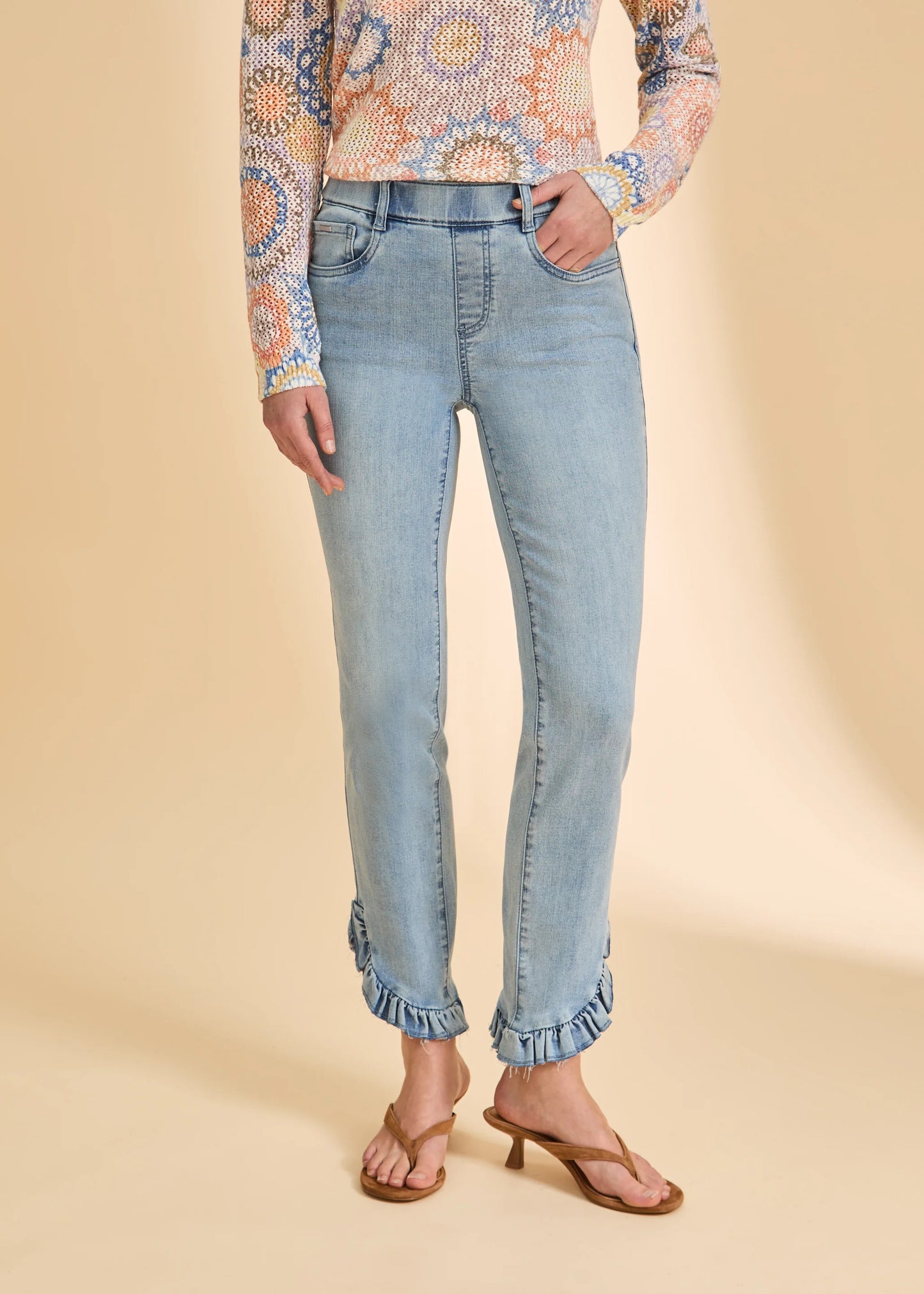 Ruffle Bottom Trim Pencil Leg Pull-On Jean. Style FD2733669S