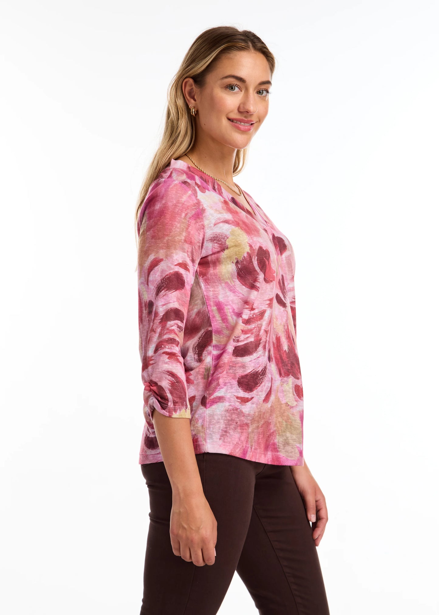 3/4 Ruched Sleeve V-Neck Top. Style FD3373451