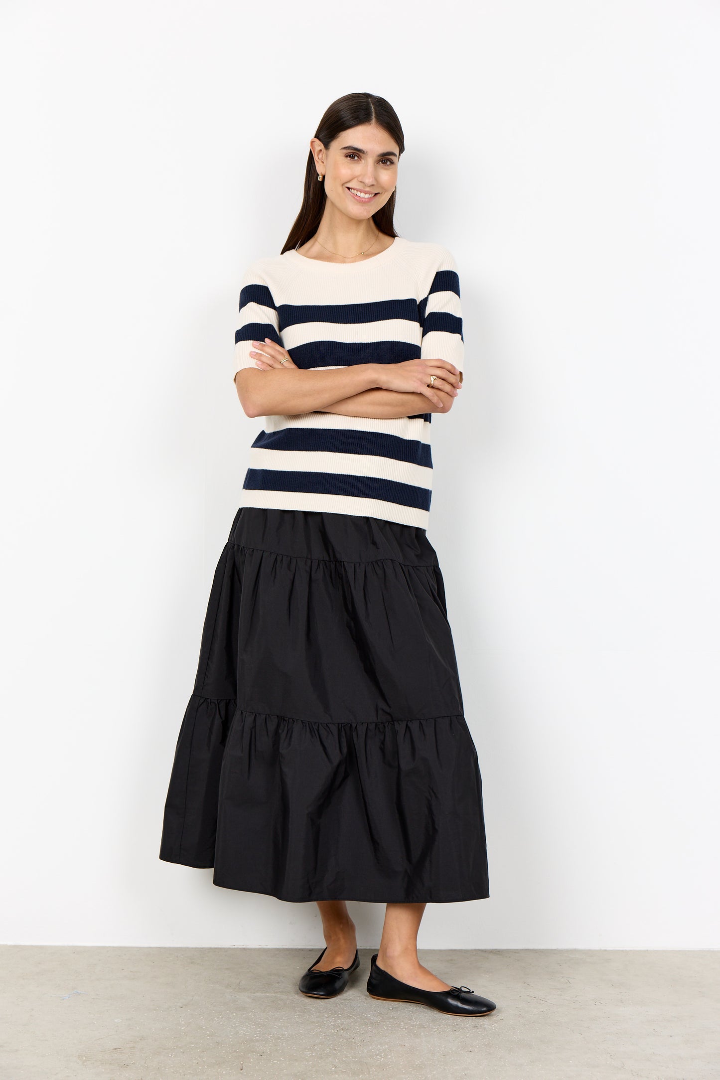 Sweater Knit Navy Stripes Short Sleeve Top. Style SOYA33797