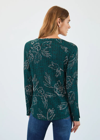 Long Sleeve Floral Print Ribbed Top. Style FD3421508