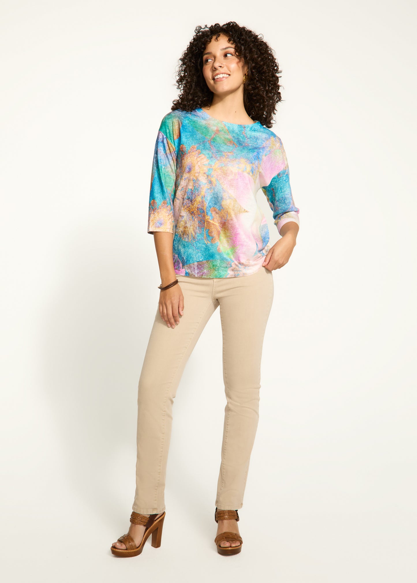 Drop Shoulder Boat Neck Printed Top. Style FD3439451