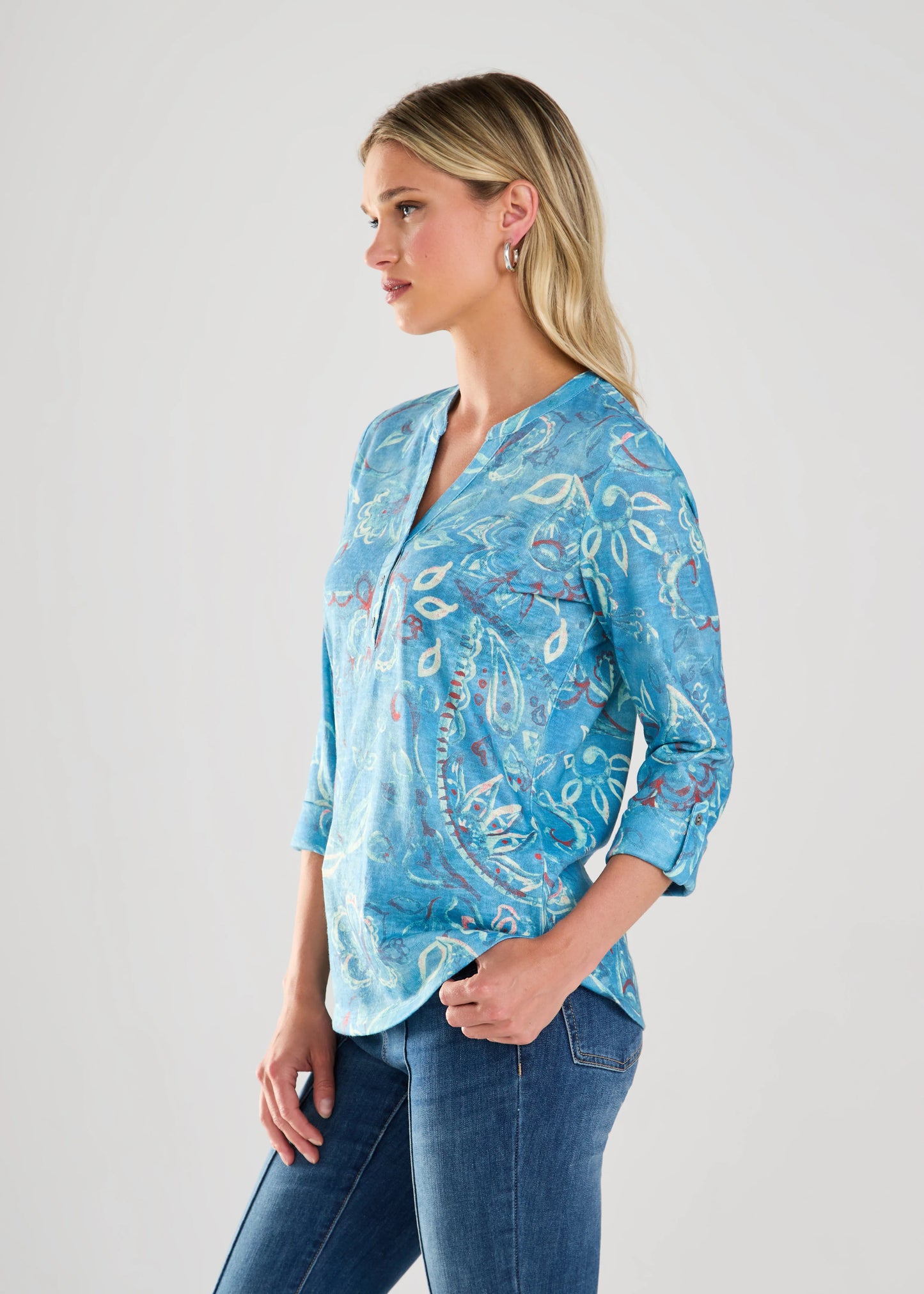 Printed 3/4 Sleeve Henley Top. Style FD3451451