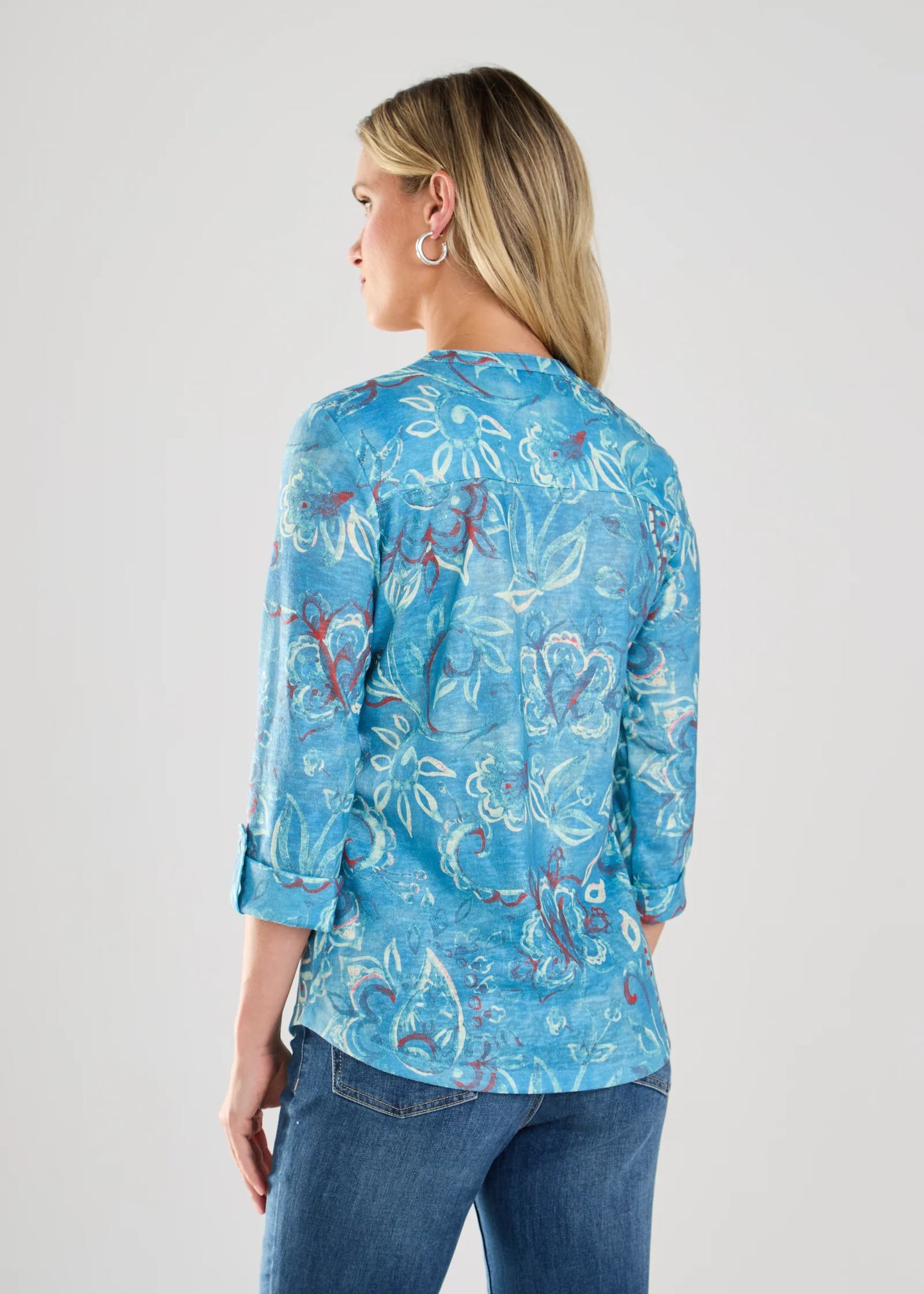 Printed 3/4 Sleeve Henley Top. Style FD3451451