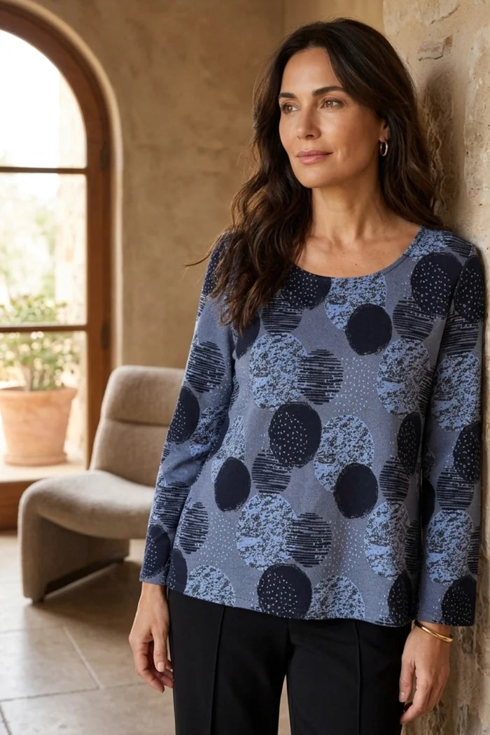 Long Sleeve Round Neck Circle Print Top. Style OLV346358
